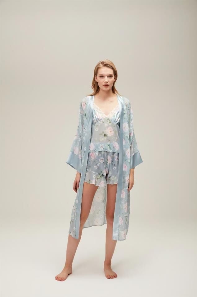 Nazik Home Liva Sabahlık Şort Büstiyer 3'lü Takım Açık Mavi L