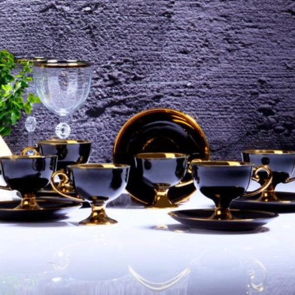 Kosova İst-72 Porselen 90cc 6'lı Yaldız Ayaklı Fincan Takımı Black