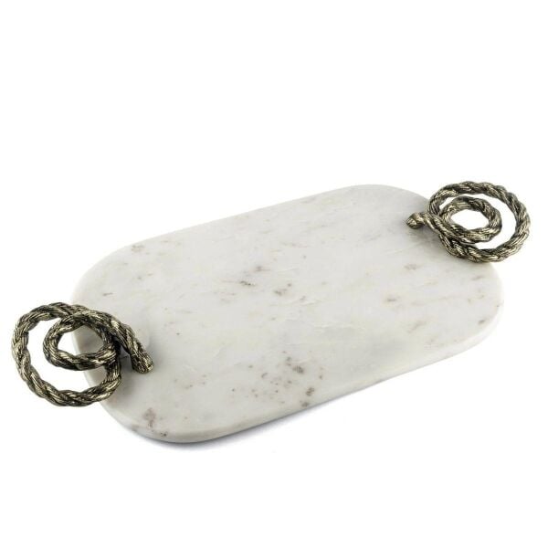 Mikasa Moor Bronz Halat Kulplu Beyaz Mermer Oval Tepsi 58x28cm