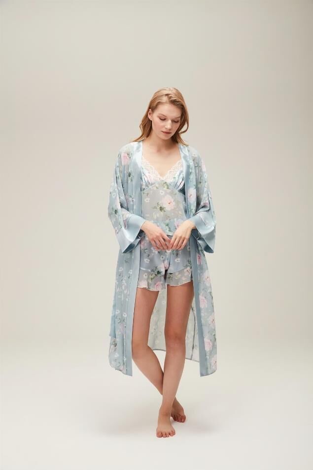 Nazik Home Liva Sabahlık Şort Büstiyer 3'lü Takım Açık Mavi S