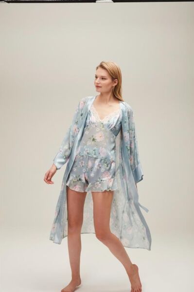 Nazik Home Liva Sabahlık Şort Büstiyer 3'lü Takım Açık Mavi S