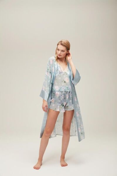 Nazik Home Liva Sabahlık Şort Büstiyer 3'lü Takım Açık Mavi XL