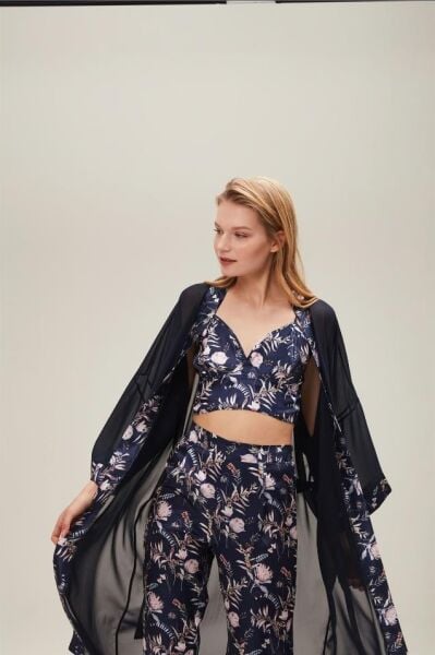 Nazik Home Mia Sabahlık Pantolon Büstiyer 3'lü Takım Lacivert S