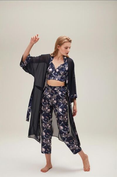 Nazik Home Mia Sabahlık Pantolon Büstiyer 3'lü Takım Lacivert XL