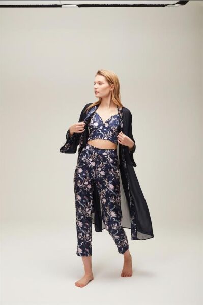 Nazik Home Mia Sabahlık Pantolon Büstiyer 3'lü Takım Lacivert XL