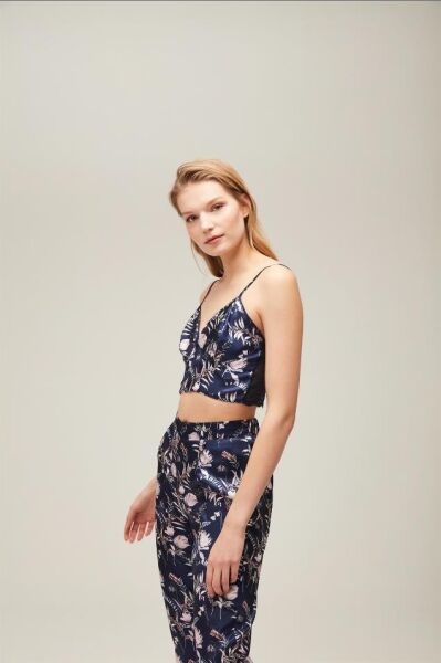 Nazik Home Mia Sabahlık Pantolon Büstiyer 3'lü Takım Lacivert XL