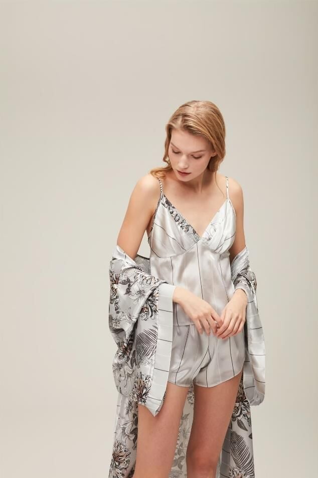 Nazik Home Zen Sabahlık Şort Büstiyer 3'lü Takım Gri S