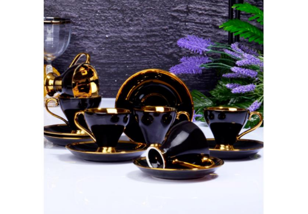 Kosova İst-78 Porselen 90cc 6'lı Yaldız Ayaklı Fincan Takımı Black Tabak Gold
