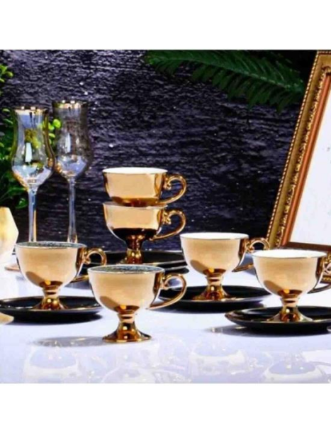 Kosova İst-69 Porselen 90cc 6'lı Yaldız Ayaklı Fincan Takımı Black Tabak Gold