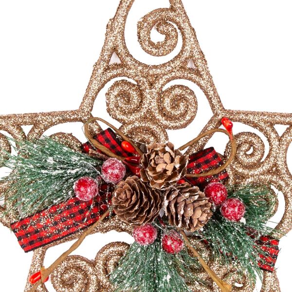 Yılbaşı Ağaç Süsü Yılbaşı Dekorlu Desenli Simli Yıldız Gold 22 cm