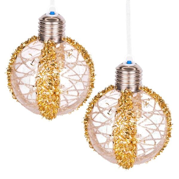 Yılbaşı Topu Ampul Led Işıklı Simli Desenli 2 li Paket Gold 7 cm