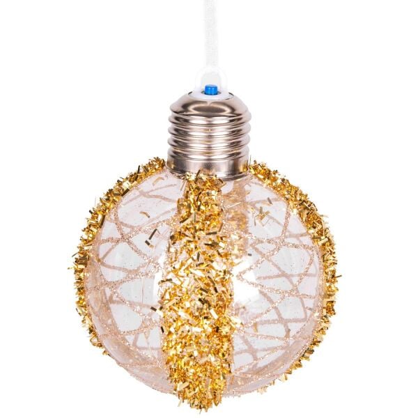 Yılbaşı Topu Ampul Led Işıklı Simli Desenli 2 li Paket Gold 7 cm