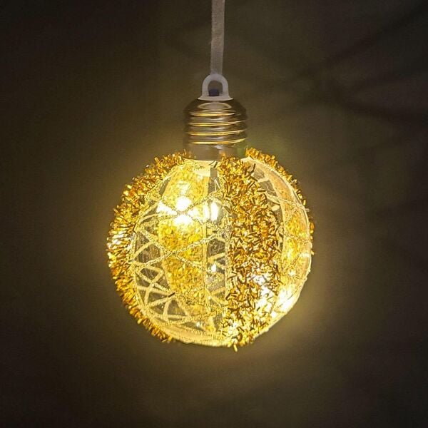 Yılbaşı Topu Ampul Led Işıklı Simli Desenli 2 li Paket Gold 7 cm