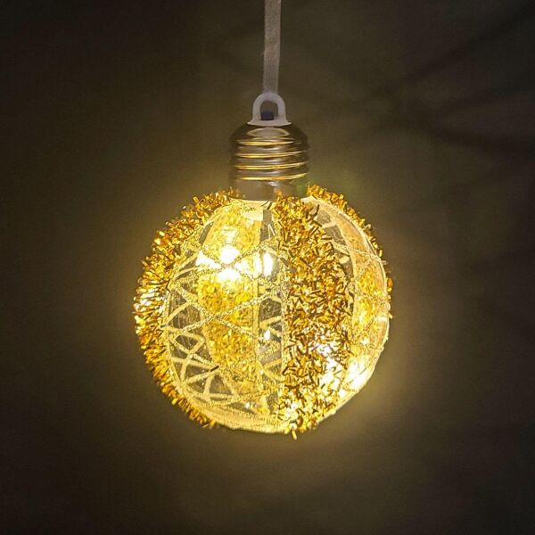 Yılbaşı Topu Ampul Led Işıklı Simli Desenli 2 li Paket Gold 7 cm