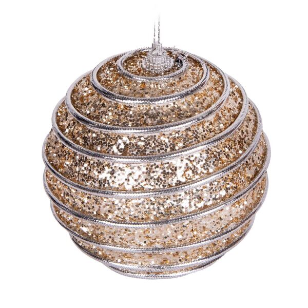 Yılbaşı Topu Pullu Gümüş Şerit İp Desenli 2 li Paket Şampanya 9 cm