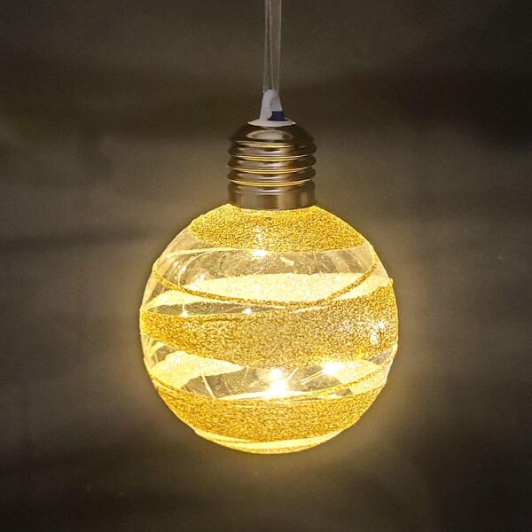 Yılbaşı Topu Ampul Led Işıklı Gold Simli Desenli 2 li Paket Şampanya 7 cm