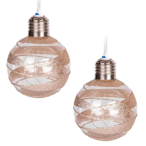 Yılbaşı Topu Ampul Led Işıklı Gold Simli Desenli 2 li Paket Şampanya 7 cm