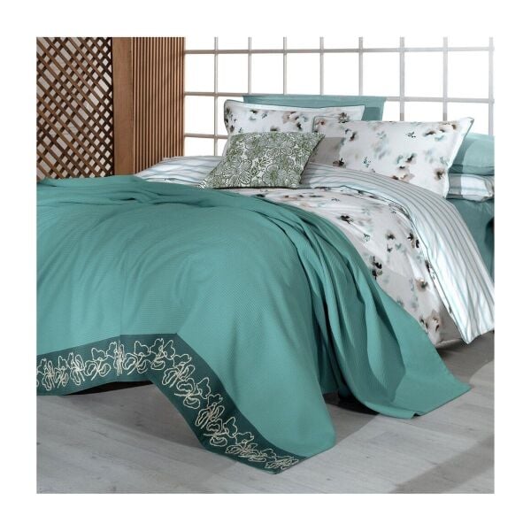 Sarev Eva Jadon Çift Kişilik Pike Takımı  Nevresim Seti 2 Yastık-Yeşil