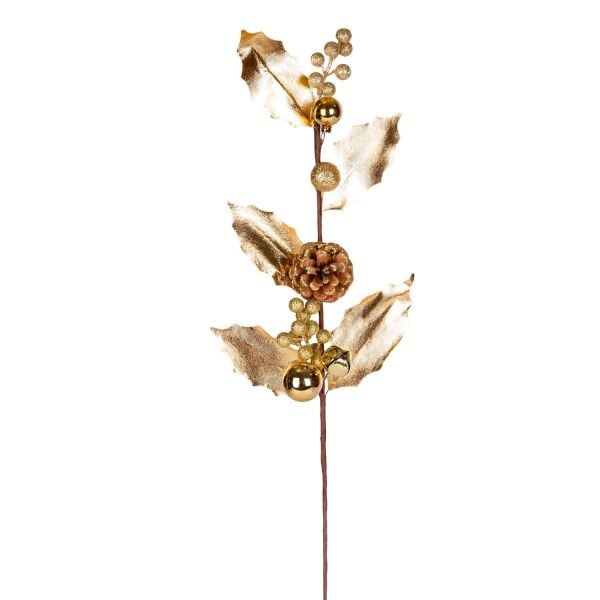 Yılbaşı Çiçek Pike Berry Gold Simli Renkli Kozalaklı Toplu Çanlı Gold 65 cm