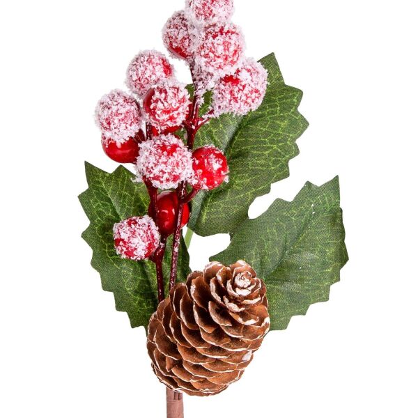 Yılbaşı Çiçek Pike Karlı Berry Kozalaklı Kırmızı-Yeşil 28 cm