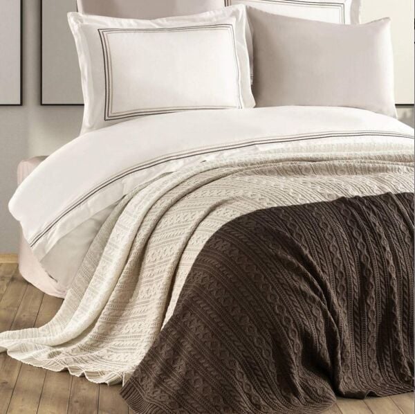 Nazik Home Trend Nevresim Takımı + Triko Battaniye 7 Parça Seti Vizon Çift Kişilik