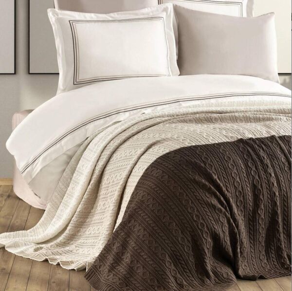 Nazik Home Trend Nevresim Takımı + Triko Battaniye 7 Parça Seti Vizon Çift Kişilik